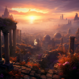 miswm_An_abandoned_garden_on_an_alien_world_sunset_distant_anci_cf8ed2e0-32dc-4cdf-89fb-c1bce38d14ea